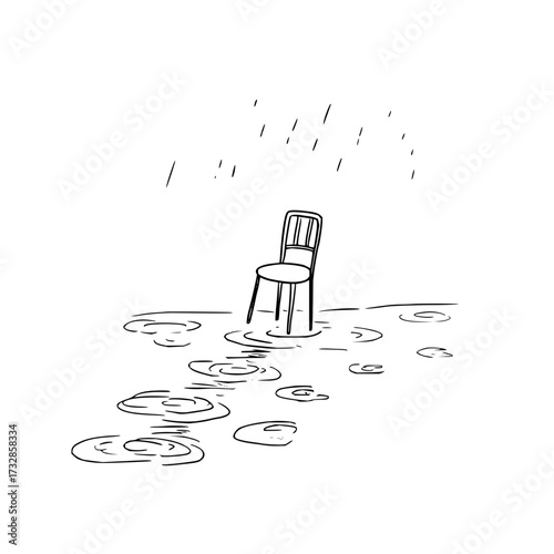 A solitary chair sits amidst rain puddles in a minimalist black and white illustration style drawing