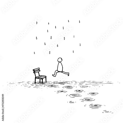 A simple drawing of a person jumping over puddles in the rain next to a chair on a white background