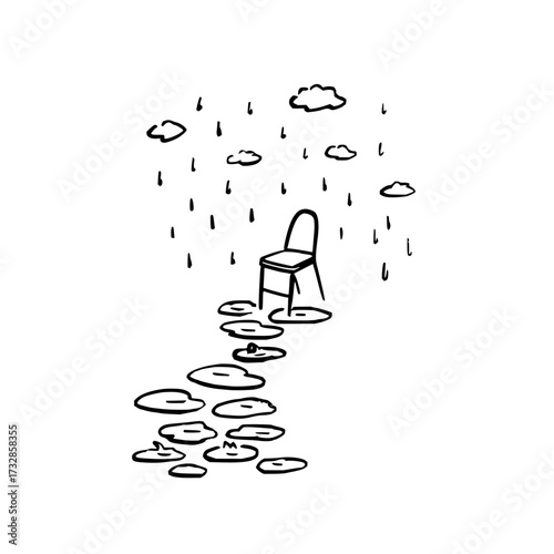 Illustration of a chair in the rain with clouds and puddles leading to it in a minimalist style art