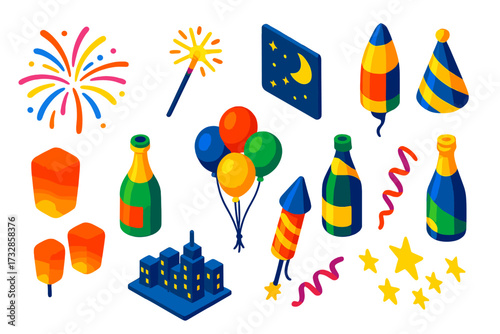 Celebration Night Icons. Isometric vector illustration set Celebration Night Kit: fireworks, sparkler, night sky, party hat,