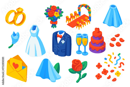 Vibrant Wedding Icon Set. Isometric vector illustration set Nuptial Icons Set: wedding ring, bouquet, aisle, bride dress, groom
