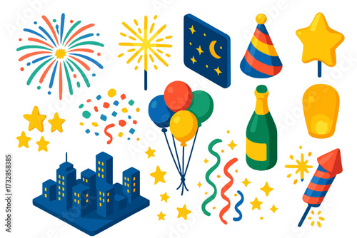 Celebration Night Icons. Isometric vector illustration set Celebration Night Kit: fireworks, sparkler, night sky, party hat,