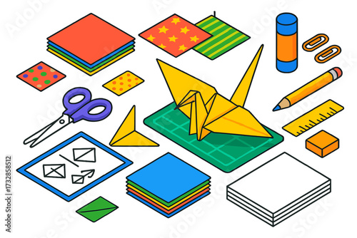 Origami Craft Essentials. Isometric vector illustration set DIY Paper Folding Set: origami paper, folded crane, scissors, ruler,