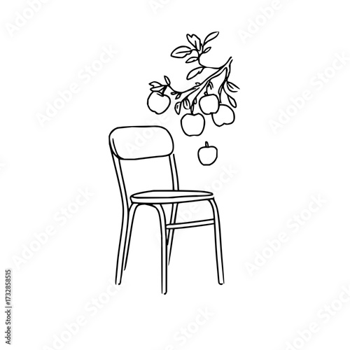 A drawing of a chair with a branch of apples hanging above it in a simple black and white illustration