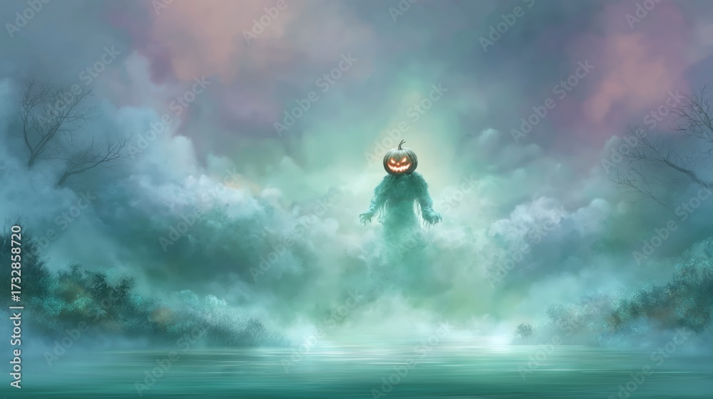 Fototapeta premium Eerie scarecrow ghost with glowing pumpkin head rising from misty fog symbolizing Halloween horror fantasy and supernatural folklore theme, Generative AI