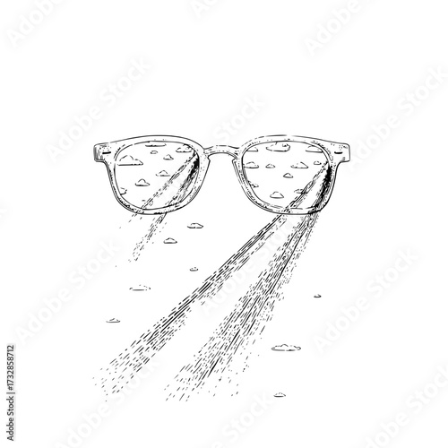Eyeglasses reflecting a cloudy sky with sun rays shining through in a black and white sketch style drawing