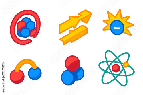 Particle Physics Icons. Isometric vector illustration set Particle Physics Symbols: strong nuclear force icon, weak interaction