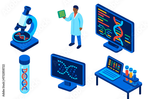 Genome Lab Icons. Isometric vector illustration set Genome Research Lab: microscope zooming on DNA, scientist holding gene chip,