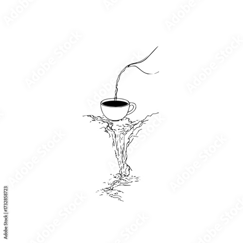 A cup of coffee on a rocky edge with liquid pouring out forming a waterfall in black and white art
