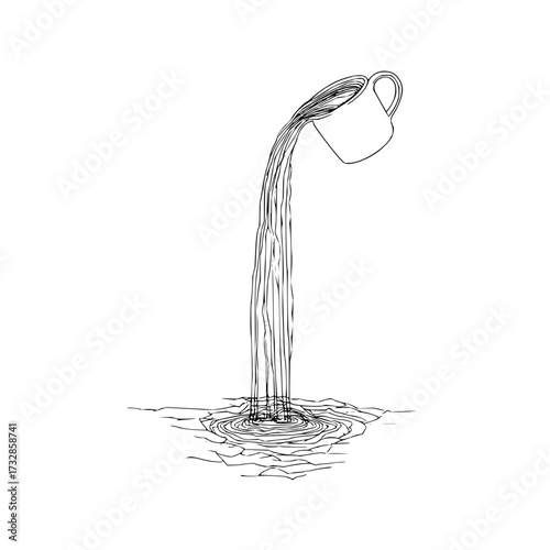 A simple line drawing of a mug pouring a stream of liquid into a pool creating ripples on a white background