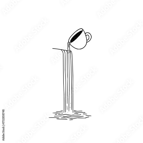 A cup pouring a waterfall of liquid in a minimalist black and white line art illustration style image