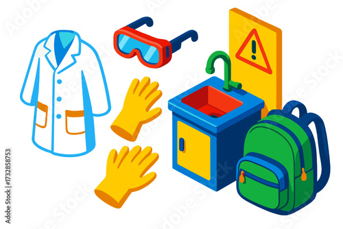 School Science Lab Gear. Isometric vector illustration set School Science Lab Attire: student-size lab coat, labeled safety