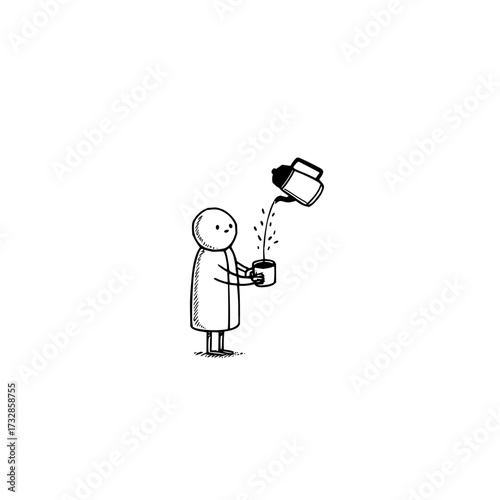 Person in a robe pouring a drink from a kettle into a mug in a simple black and white line drawing style