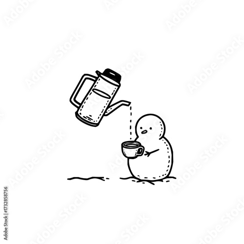A cartoon snowman is pouring a drink from a thermos into a cup in a black and white illustration