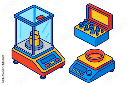 Lab Measurement Icons. Isometric vector illustration set Lab Measurement Equipment: analytical balance with glass shield,