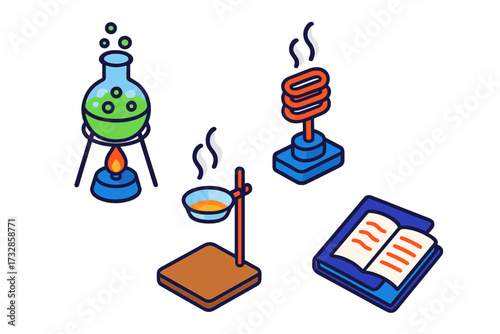 Chemical Experiment Icons. Isometric vector illustration set Heat and Reaction Lab: chemical solution bubbling over flame, metal