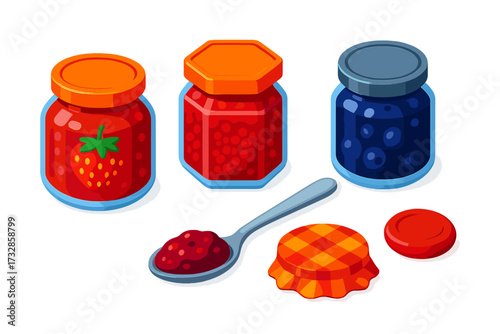 Vibrant Jam Jars. Isometric vector illustration set Jam and Preserves Collection: glass jar with strawberry jam, raspberry