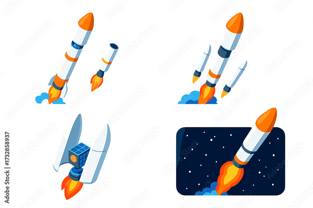 Rocket Stages Illustration. Isometric vector illustration set Rocket Stages and Parts: multi-stage rocket separation, main booster