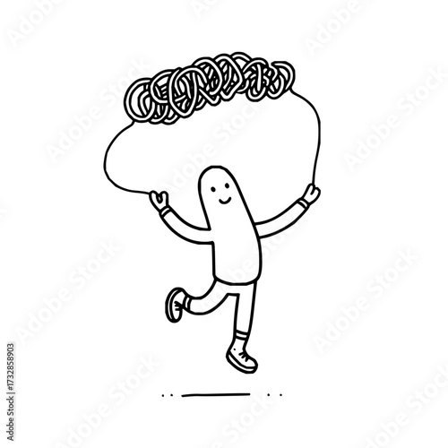 A whimsical character joyfully carrying a cloud of tangled string overhead in a playful illustration