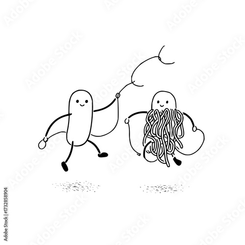 Cartoonish characters one with a fishing line and the other with spaghetti beard on a white background