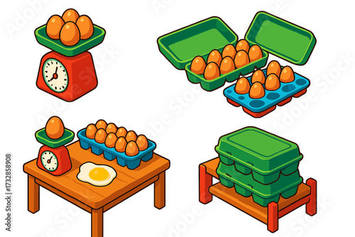 Egg Sorting Illustration. Isometric vector illustration set Egg Storage and Sorting: fresh eggs on scale, full carton beside tray