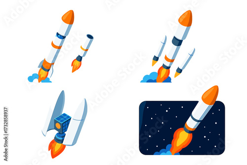 Rocket Stages Illustration. Isometric vector illustration set Rocket Stages and Parts: multi-stage rocket separation, main booster