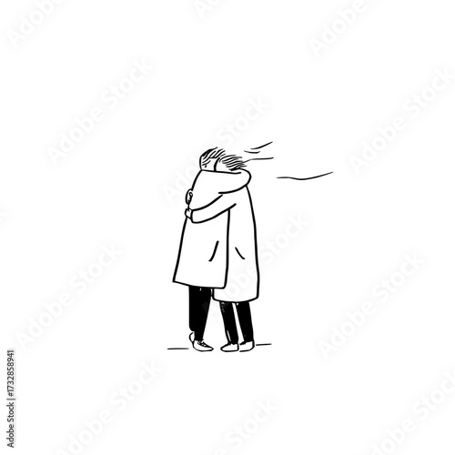 Two figures embracing in a stylized black and white drawing with wind blowing their hair and coat line art