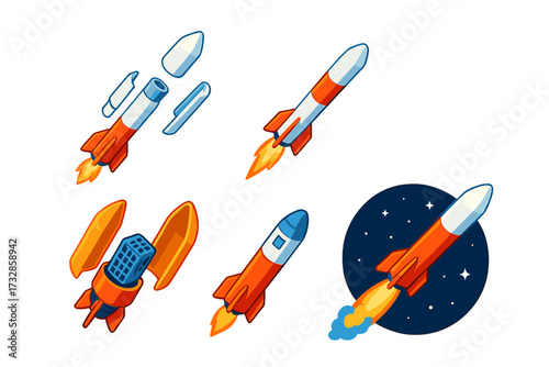 Rocket Stages Illustration. Isometric vector illustration set Rocket Stages and Parts: multi-stage rocket separation, main booster