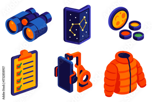 Stargazing Equipment Icons. Isometric vector illustration set Night Sky Observation Tools: binoculars for stargazing,