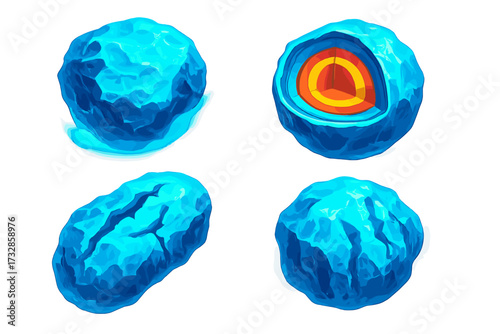 Icy Comet Structure. Isometric vector illustration set Frozen Space Object: detailed icy comet surface, layered internal structure