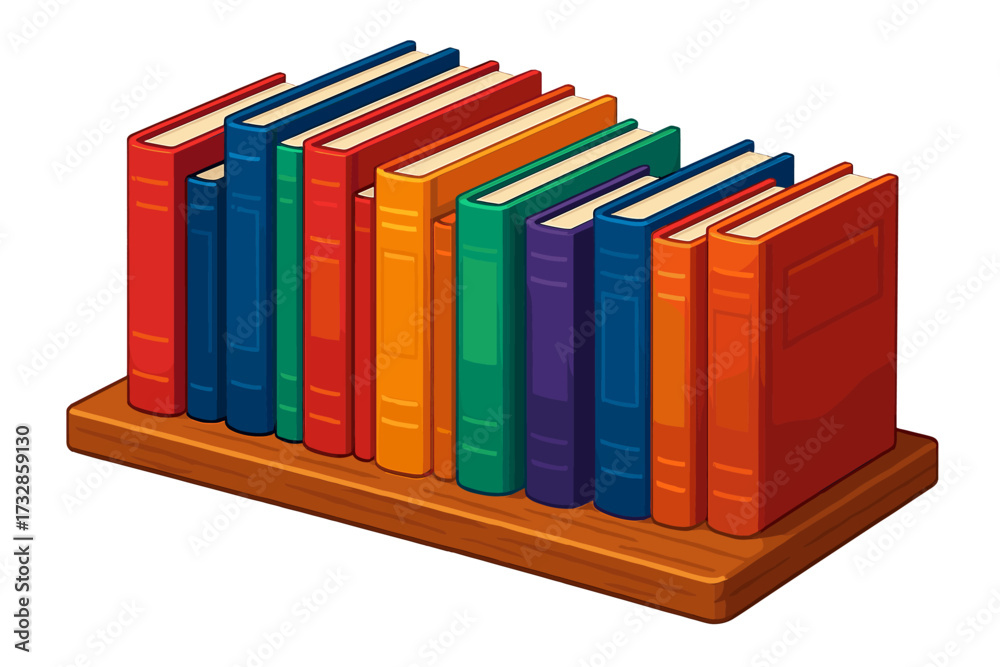 Naklejka premium Colorful Bookshelf Illustration. Isometric vector illustration set Bookshelf with Novels: wooden shelf holding books of various