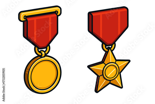 Military Medal Display. Isometric vector illustration set Military Medal Display: gold medal on red ribbon, star-shaped honor