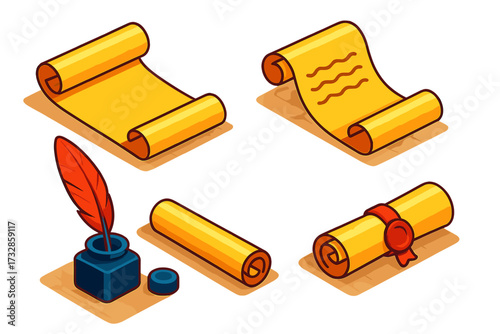 Scroll Variants Display. Isometric vector illustration set Scroll Variants Display: blank scroll, partially written scroll,