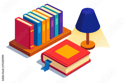Vibrant Library Bookmark. Isometric vector illustration set Library Novel Bookmark Scene: book on shelf with bookmark sticking out
