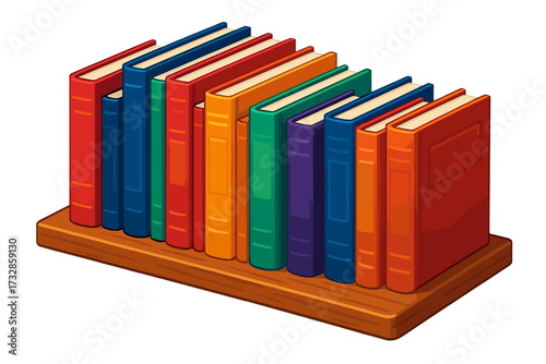 Colorful Bookshelf Illustration. Isometric vector illustration set Bookshelf with Novels: wooden shelf holding books of various