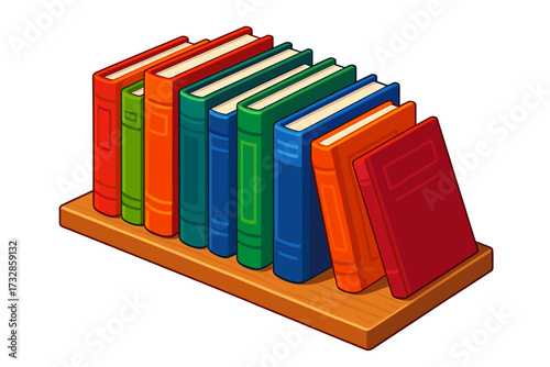 Colorful Bookshelf Illustration. Isometric vector illustration set Bookshelf with Novels: wooden shelf holding books of various