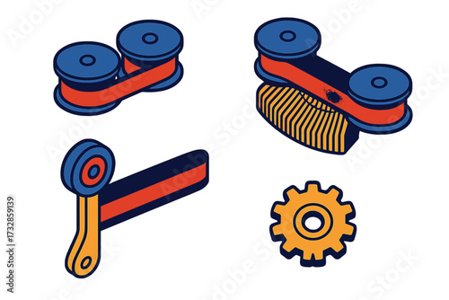 Ink Ribbon Mechanism. Isometric vector illustration set Ink Ribbon Mechanism: dual spool ribbon feed, fabric band stretched across
