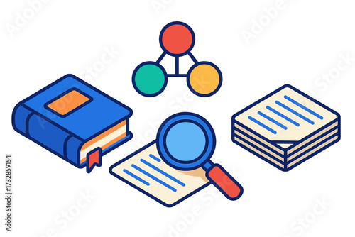 Word Study Icons. Isometric vector illustration set Word Study Icons Set: dictionary cover with embossed title, synonym graph