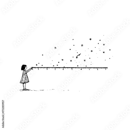 A girl measures the stars with a ruler as they float away into the distance in a black and white drawing