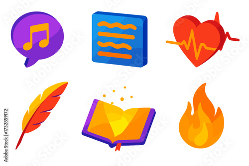 Poetic Inspiration Icons. Isometric vector illustration set Poetic Inspiration Icons: floating rhyme bubble, stanza block with