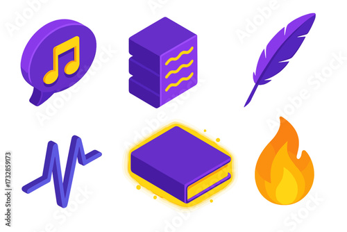 Poetic Inspiration Icons. Isometric vector illustration set Poetic Inspiration Icons: floating rhyme bubble, stanza block with