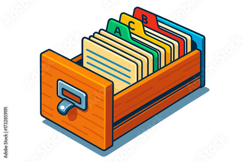 Library Card Catalog. Isometric vector illustration set Library Card Catalog Drawer: open wooden drawer with visible index cards,