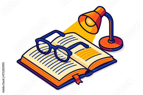 Reading Glasses Glow. Isometric vector illustration set Reading Glasses Detail Scene: open book with highlighted paragraph,