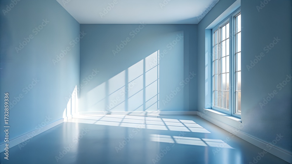Fototapeta premium An empty room with light blue walls and a shiny floor, bathed in sunlight streaming through a large window, casting geometric shadows on the floor and walls