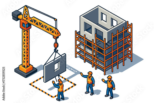 Construction Site Isometric. Isometric vector illustration set Construction Site Overview: crane lifting wall panel into place,
