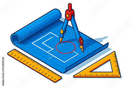 Architectural Tools Blueprint. Isometric vector illustration set Blueprint Drafting Tools: architectural blueprint rolled out with