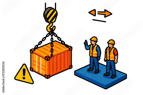 Heavy Load Lifting. Isometric vector illustration set Heavy Load Lift Scene: crane hook hoisting shipping container, base platform