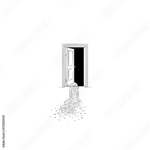 An open door with darkness inside and a flow of water coming out onto a white surface in black and white