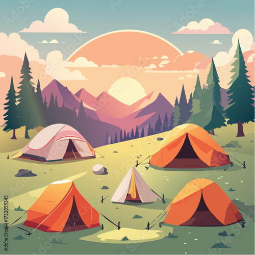 Vibrant cartoon illustration of a scenic mountain campsite with several colorful tents set up in a meadow during a beautiful sunrise or sunset