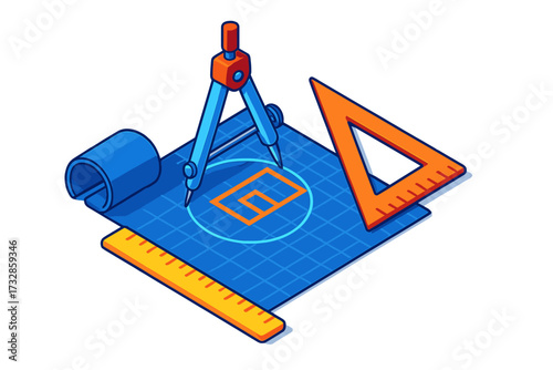 Architectural Tools Blueprint. Isometric vector illustration set Blueprint Drafting Tools: architectural blueprint rolled out with
